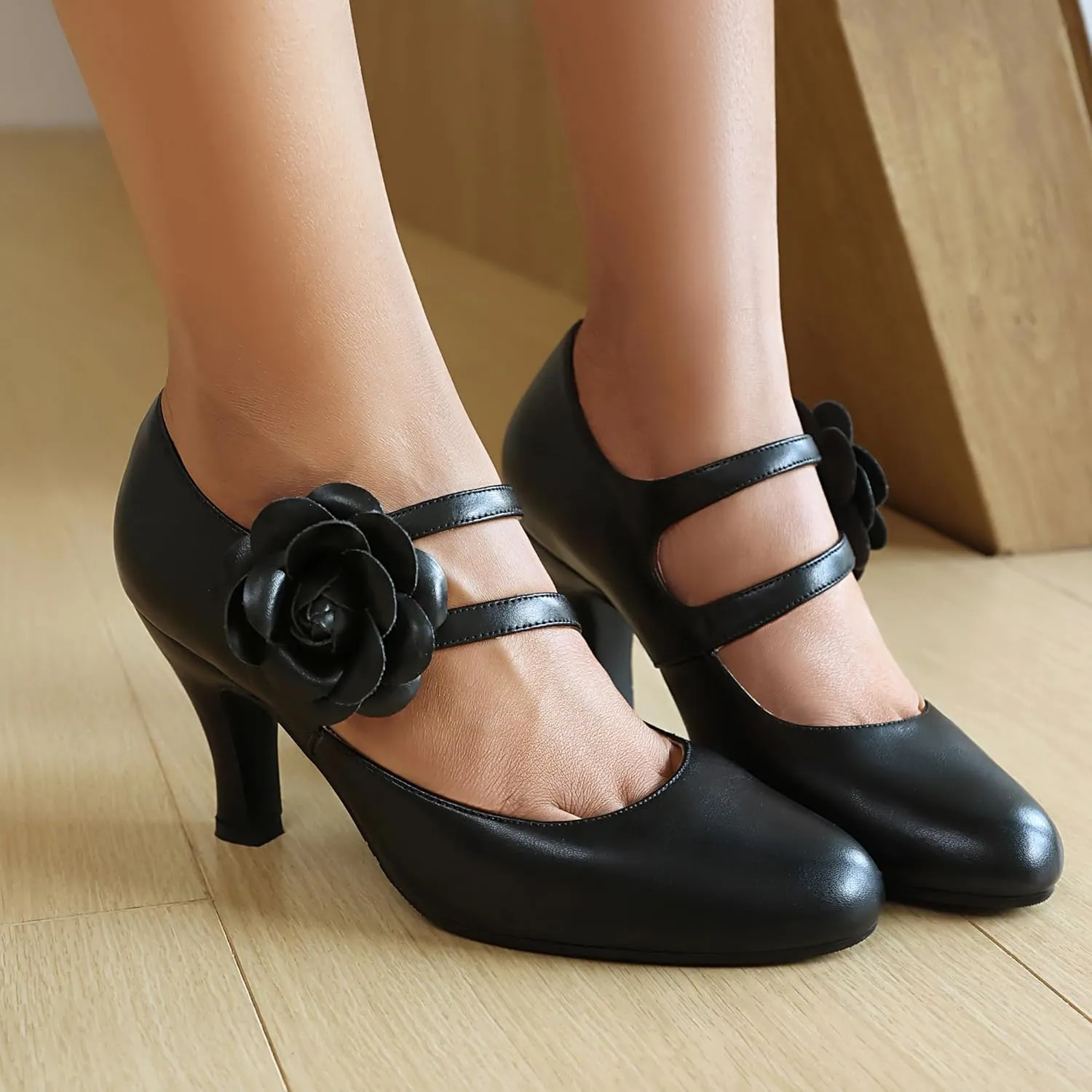 Women's Mary Jane Close Round Toe 1930s Vintage 1950s Heels Flower Double Straps Retro 1920s Victorian Pumps Shoes