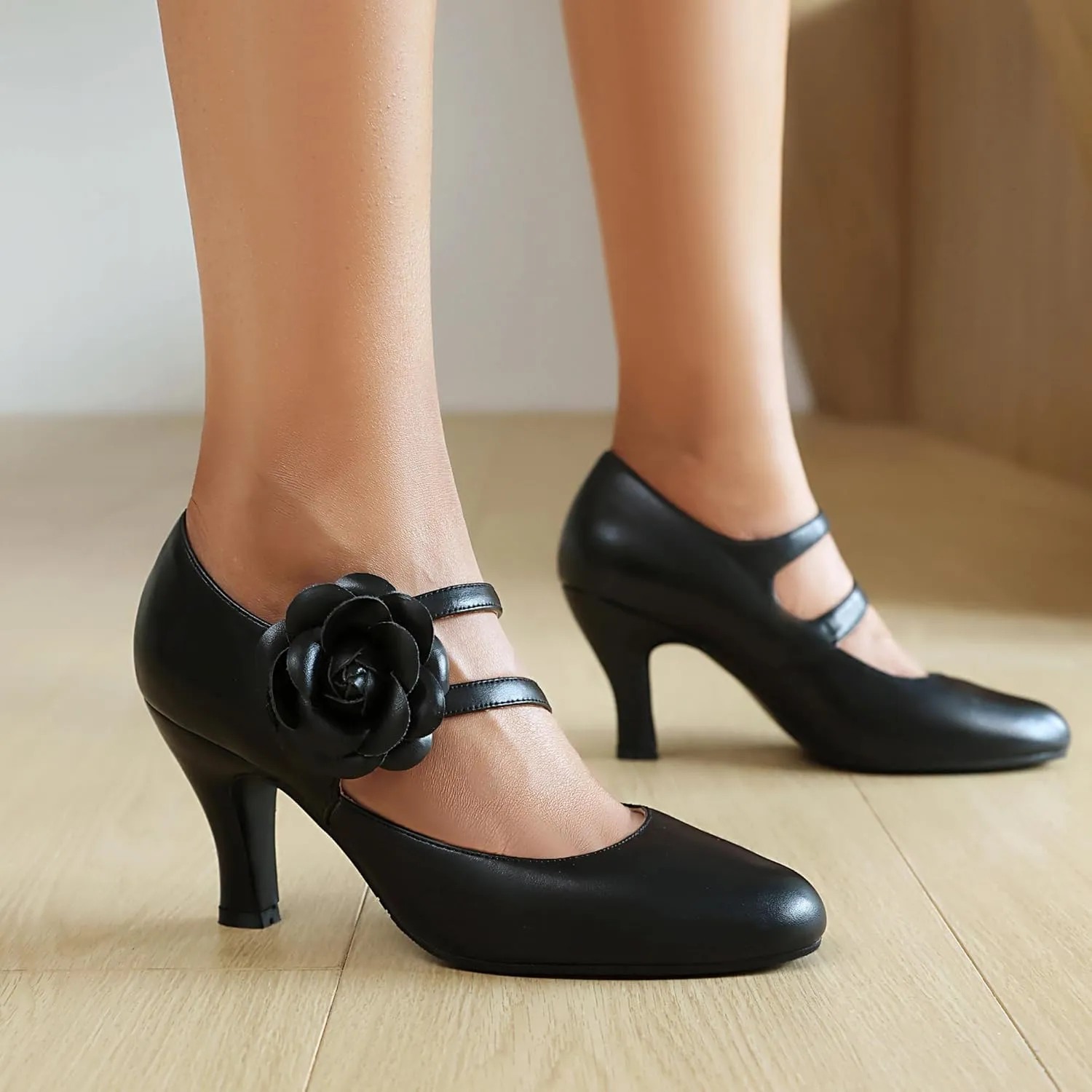 Women's Mary Jane Close Round Toe 1930s Vintage 1950s Heels Flower Double Straps Retro 1920s Victorian Pumps Shoes