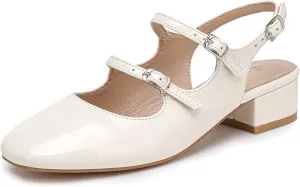 Women's Mary Jane Pumps, Retro Chunky Low Block Heel, Double Adjustable Ankle Buckle Straps, Vintage Dress Pumps