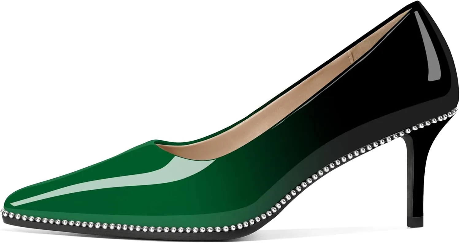 Women's Mid Stiletto Heels Low Kitten Heels Closed Pointey Toe Pumps Slip-on Sliver Beads Pumps Ladies Work Office Dress Shoes 2.5 Inches