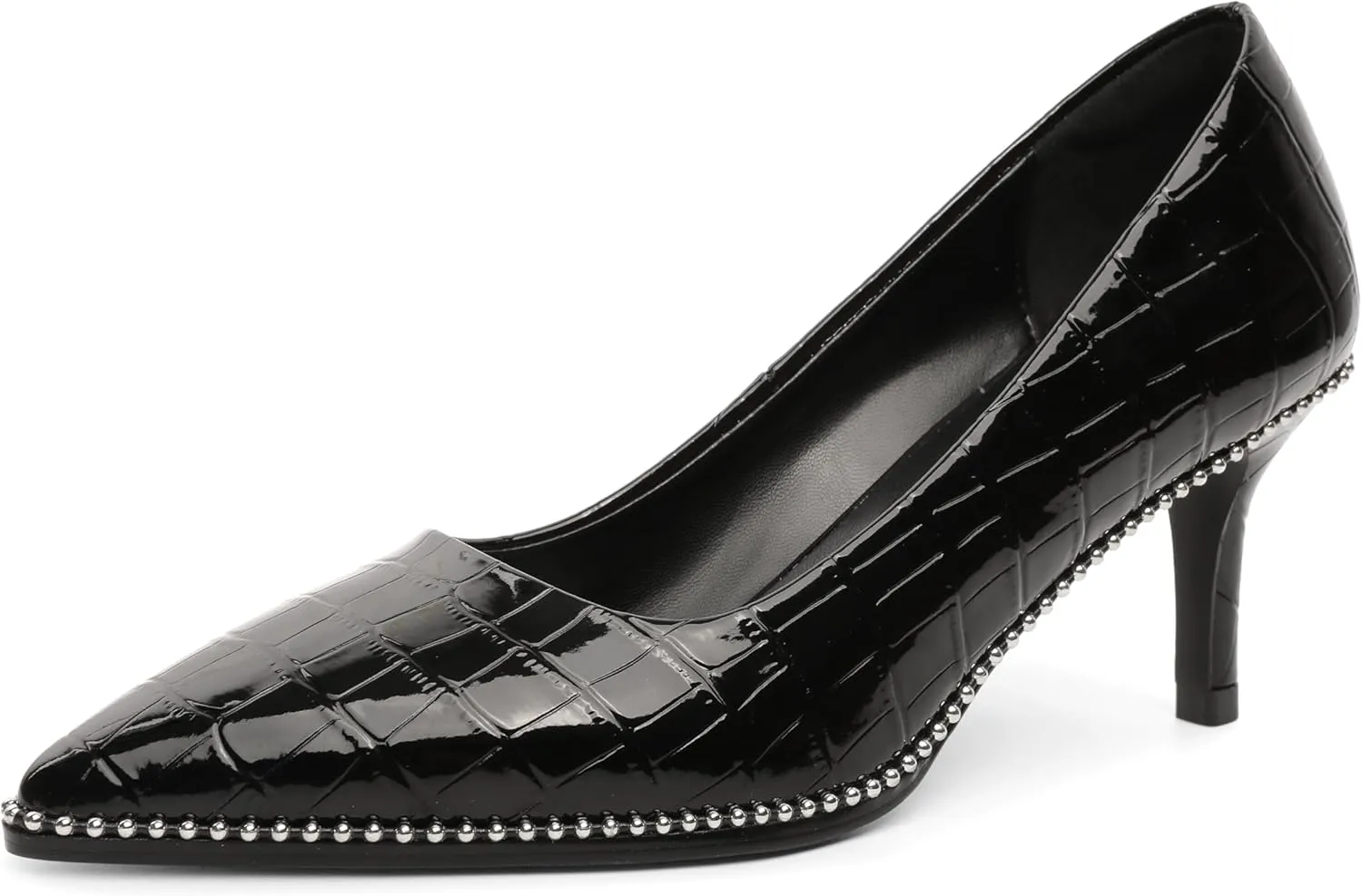 Women's Mid Stiletto Heels Low Kitten Heels Closed Pointey Toe Pumps Slip-on Sliver Beads Pumps Ladies Work Office Dress Shoes 2.5 Inches