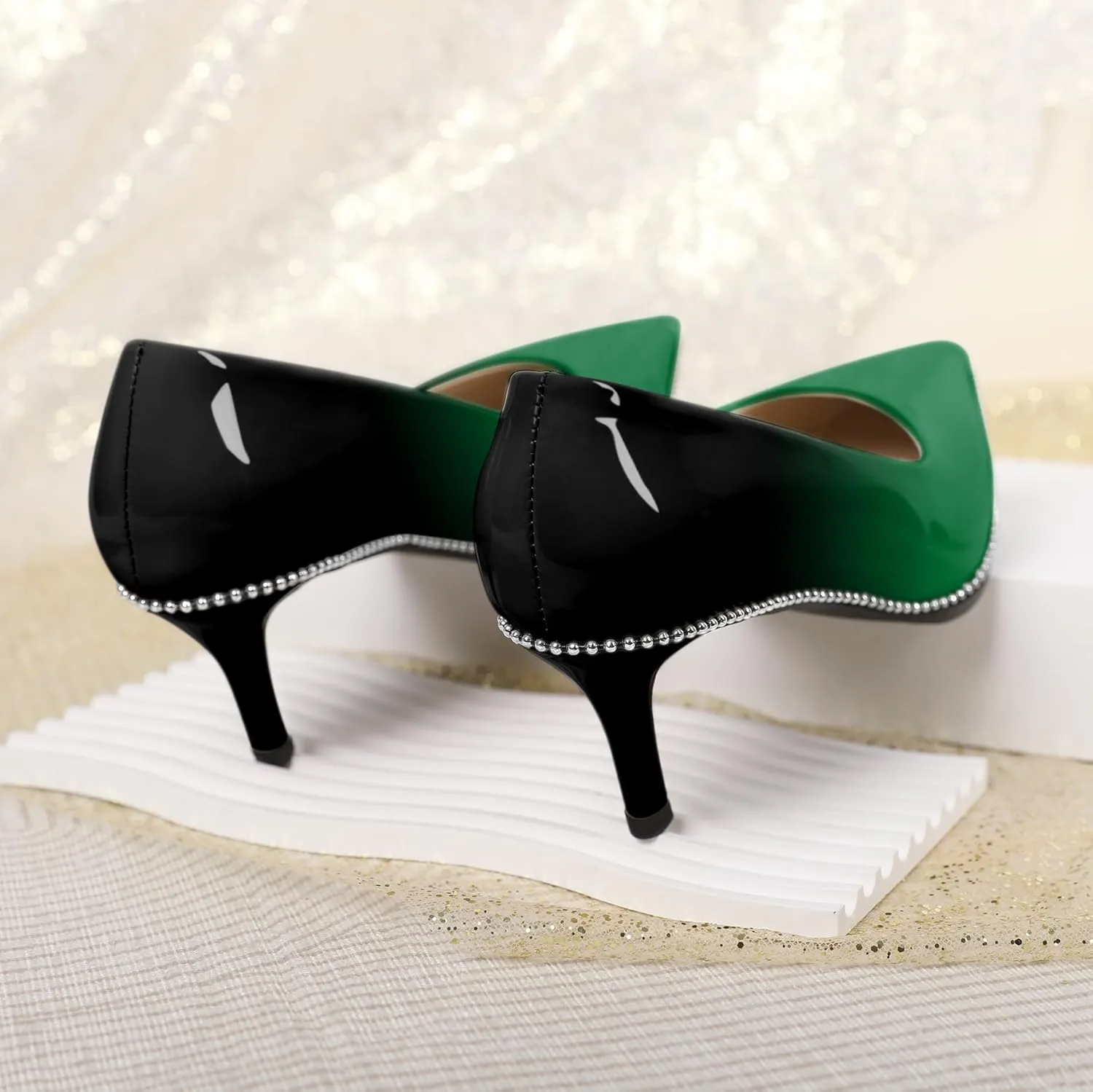 Women's Mid Stiletto Heels Low Kitten Heels Closed Pointey Toe Pumps Slip-on Sliver Beads Pumps Ladies Work Office Dress Shoes 2.5 Inches