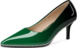 Women's Mid Stiletto Heels Low Kitten Heels Closed Pointey Toe Pumps Slip-on Sliver Beads Pumps Ladies Work Office Dress Shoes 2.5 Inches