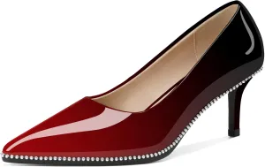 Women's Mid Stiletto Heels Low Kitten Heels Closed Pointey Toe Pumps Slip-on Sliver Beads Pumps Ladies Work Office Dress Shoes 2.5 Inches