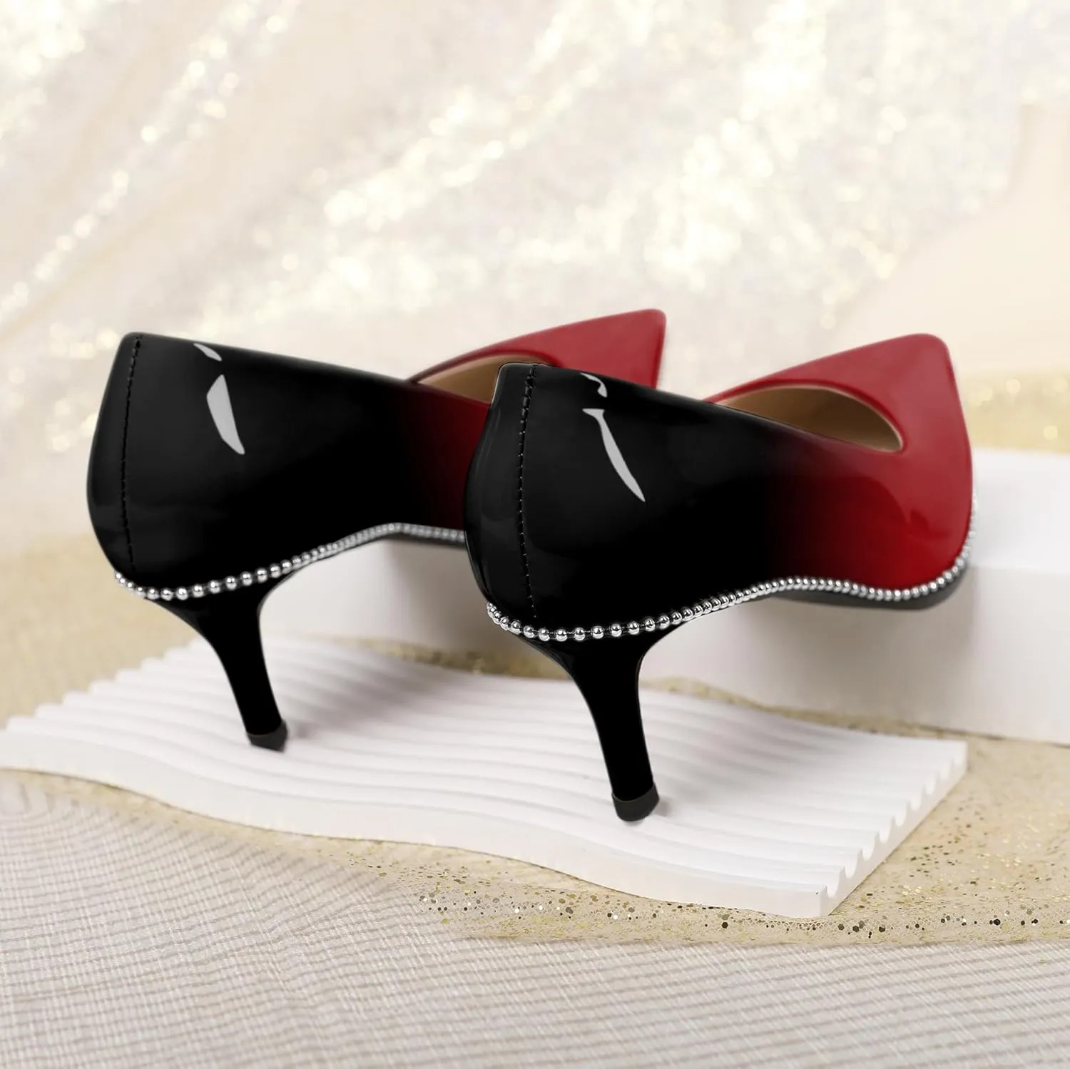 Women's Mid Stiletto Heels Low Kitten Heels Closed Pointey Toe Pumps Slip-on Sliver Beads Pumps Ladies Work Office Dress Shoes 2.5 Inches