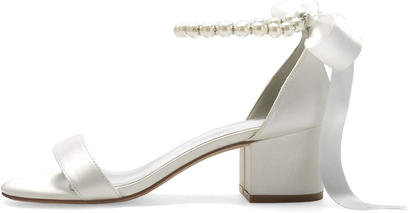 Women's Open Toe Block Low Heel Pearl Satin Chunky Pumps Ankle Strap Wedding Dress Shoes Low Heel Prom Party Sandals