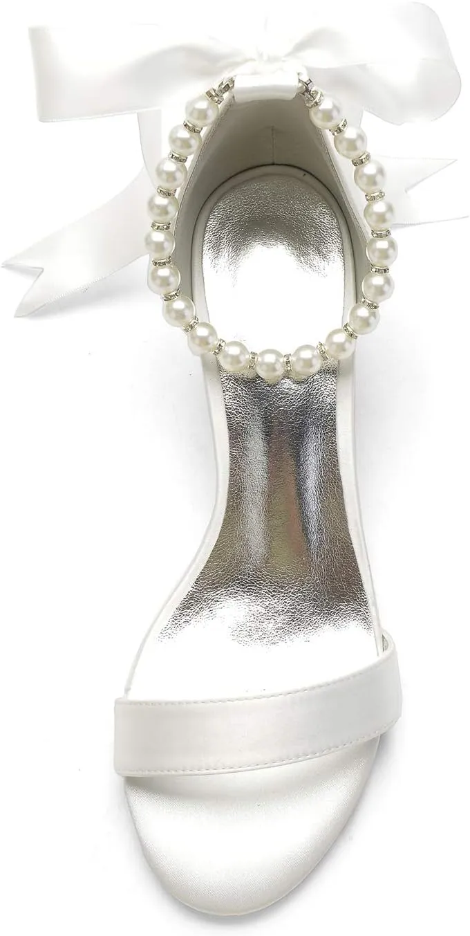 Women's Open Toe Block Low Heel Pearl Satin Chunky Pumps Ankle Strap Wedding Dress Shoes Low Heel Prom Party Sandals