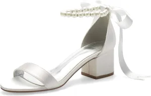 Women's Open Toe Block Low Heel Pearl Satin Chunky Pumps Ankle Strap Wedding Dress Shoes Low Heel Prom Party Sandals