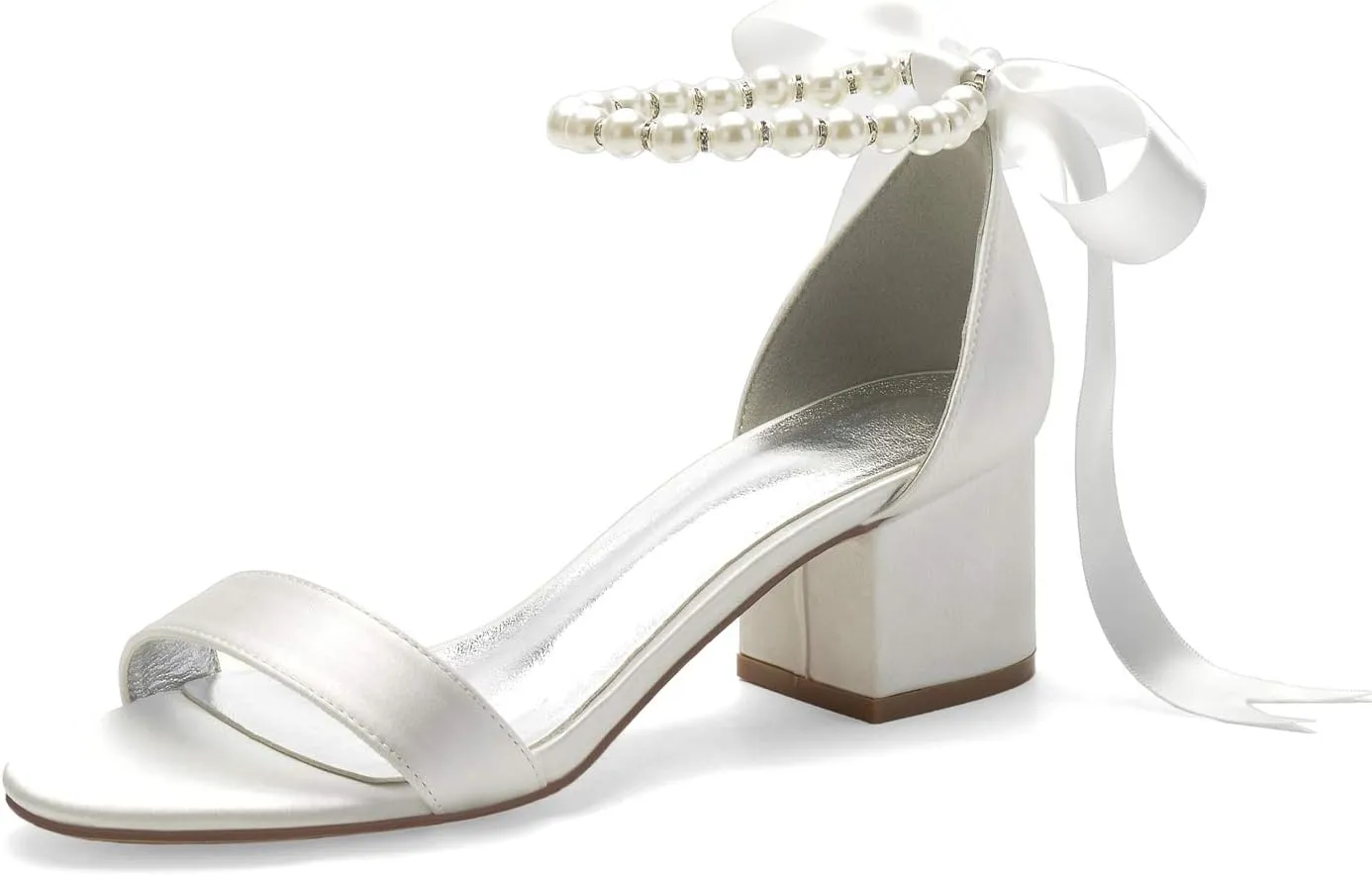 Women's Open Toe Block Low Heel Pearl Satin Chunky Pumps Ankle Strap Wedding Dress Shoes Low Heel Prom Party Sandals