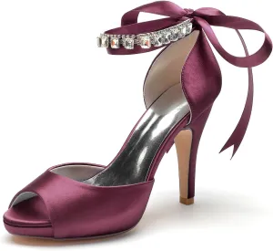 Women's Open Toe Heel Pumps Pearl Ankle Strap Lace-up Prom Wedding Dress Shoes Bridal Sandals