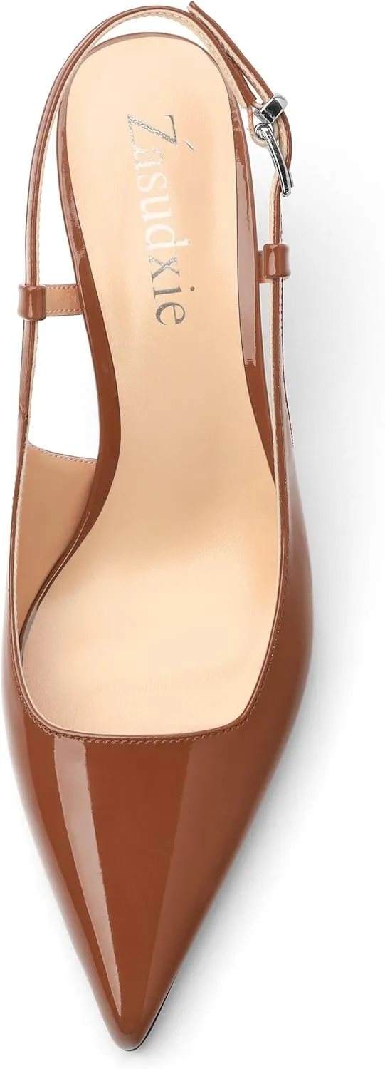 Women's Patent Leather Ankle Strap Slingback Pointed Toe Mid Heel Pumps Business Office Work Dress Shoes 2.55 Inch