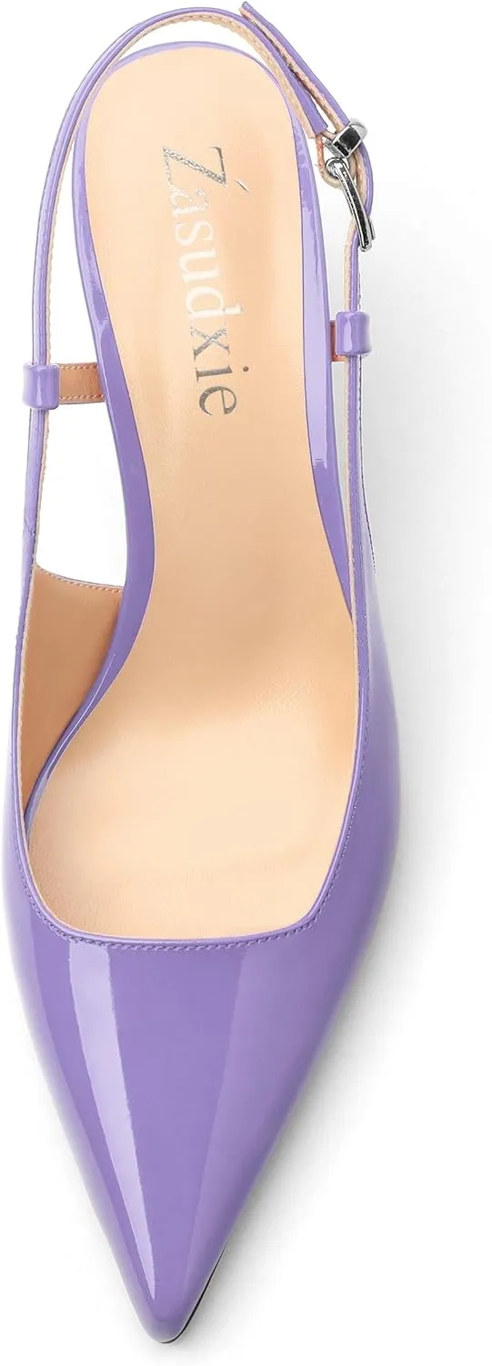 Women's Patent Leather Ankle Strap Slingback Pointed Toe Mid Heel Pumps Business Office Work Dress Shoes 2.55 Inch