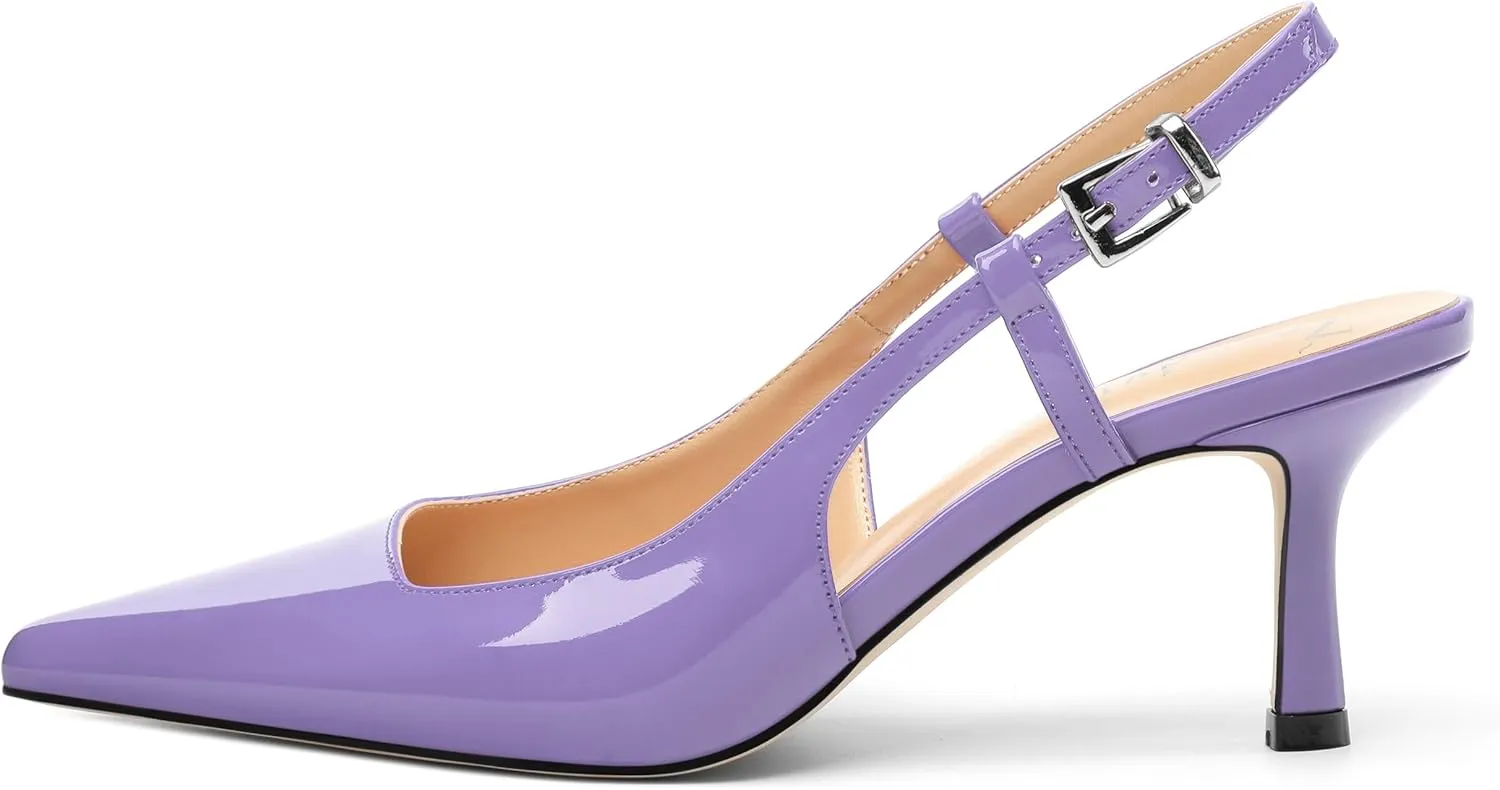 Women's Patent Leather Ankle Strap Slingback Pointed Toe Mid Heel Pumps Business Office Work Dress Shoes 2.55 Inch