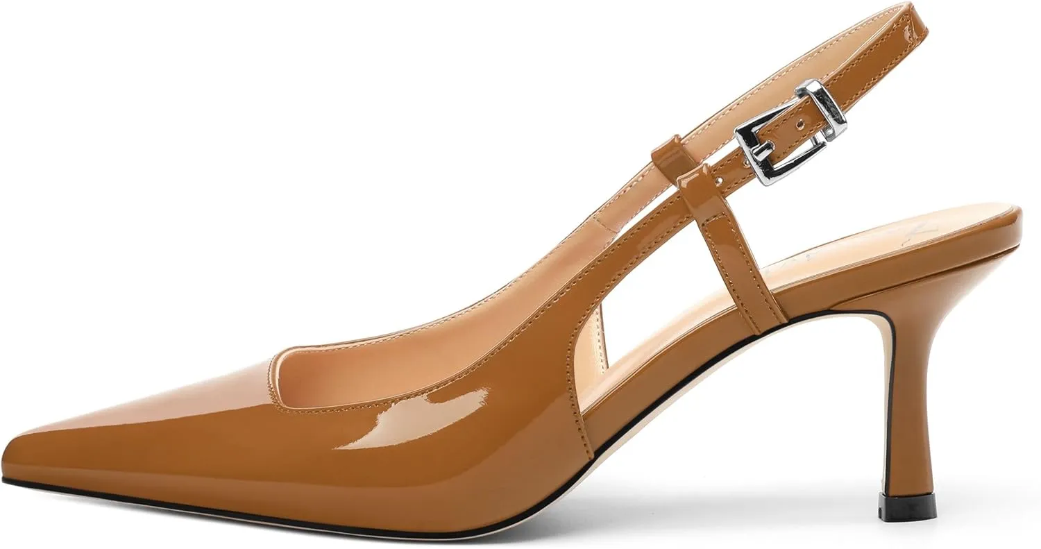 Women's Patent Leather Ankle Strap Slingback Pointed Toe Mid Heel Pumps Business Office Work Dress Shoes 2.55 Inch