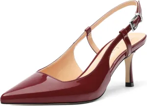 Women's Patent Leather Ankle Strap Slingback Pointed Toe Mid Heel Pumps Business Office Work Dress Shoes 2.55 Inch
