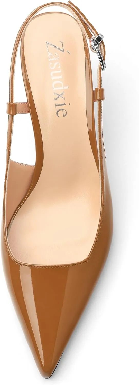 Women's Patent Leather Ankle Strap Slingback Pointed Toe Mid Heel Pumps Business Office Work Dress Shoes 2.55 Inch