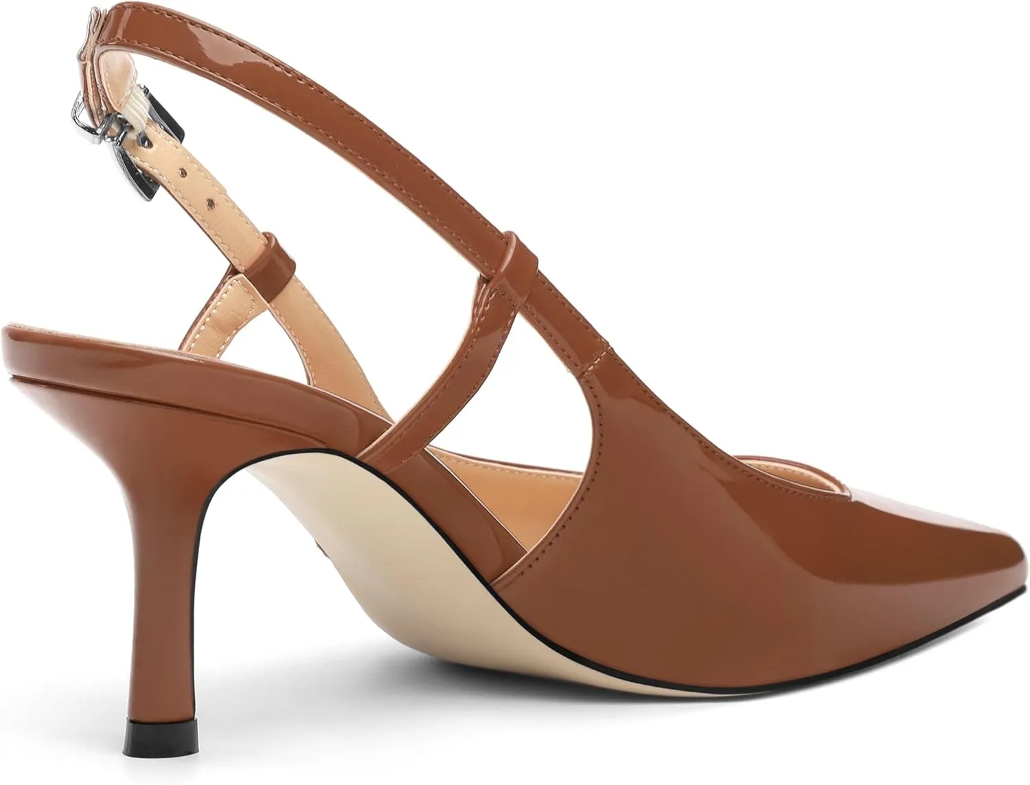 Women's Patent Leather Ankle Strap Slingback Pointed Toe Mid Heel Pumps Business Office Work Dress Shoes 2.55 Inch