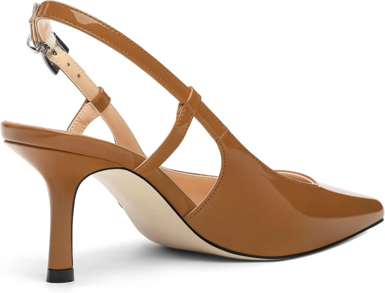 Women's Patent Leather Ankle Strap Slingback Pointed Toe Mid Heel Pumps Business Office Work Dress Shoes 2.55 Inch