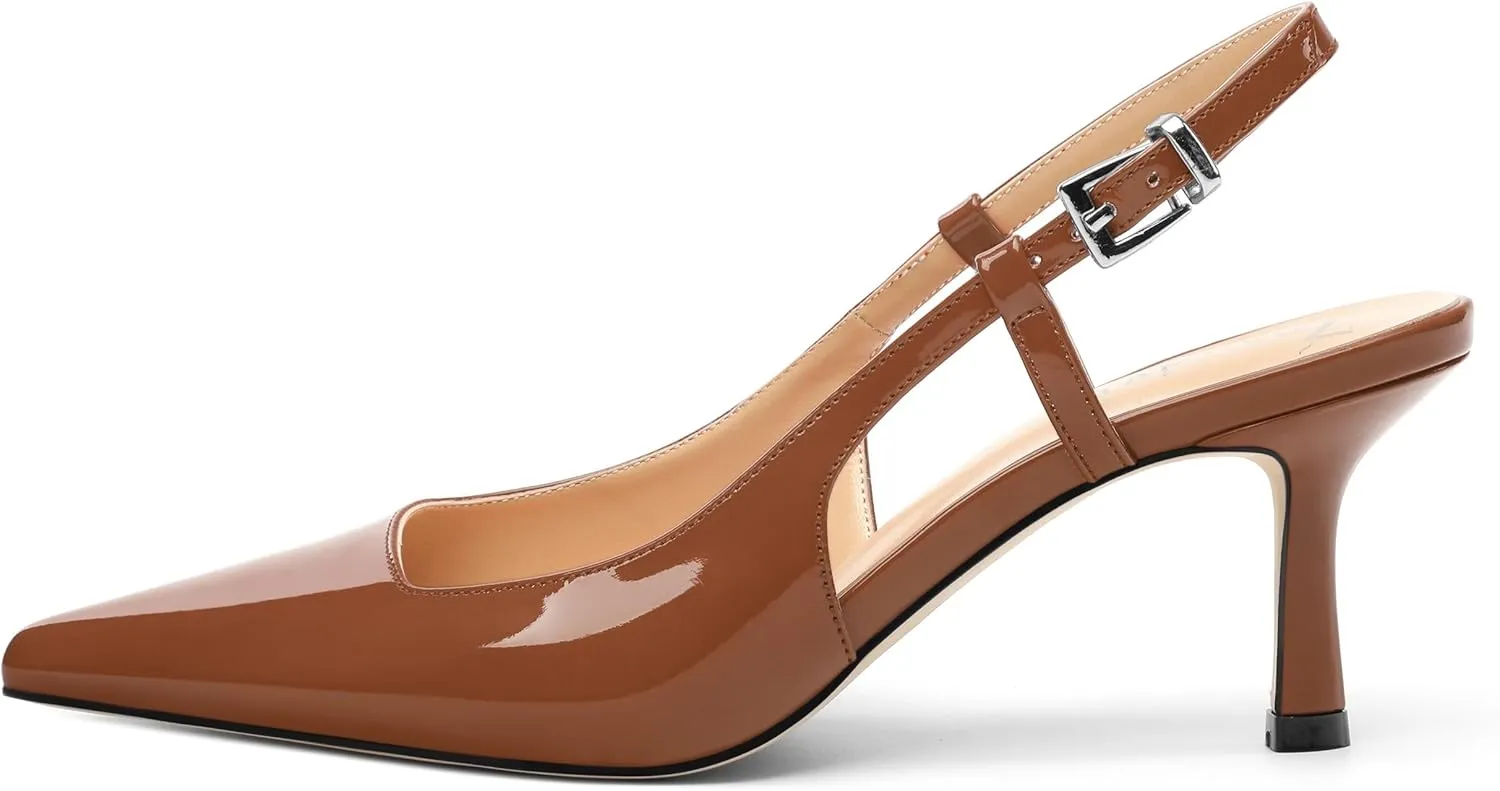 Women's Patent Leather Ankle Strap Slingback Pointed Toe Mid Heel Pumps Business Office Work Dress Shoes 2.55 Inch