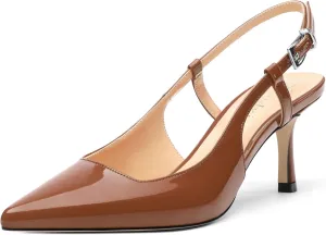 Women's Patent Leather Ankle Strap Slingback Pointed Toe Mid Heel Pumps Business Office Work Dress Shoes 2.55 Inch