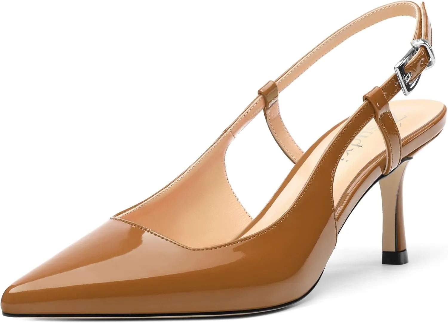 Women's Patent Leather Ankle Strap Slingback Pointed Toe Mid Heel Pumps Business Office Work Dress Shoes 2.55 Inch