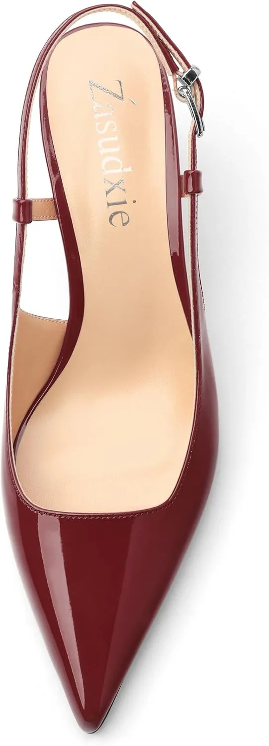 Women's Patent Leather Ankle Strap Slingback Pointed Toe Mid Heel Pumps Business Office Work Dress Shoes 2.55 Inch