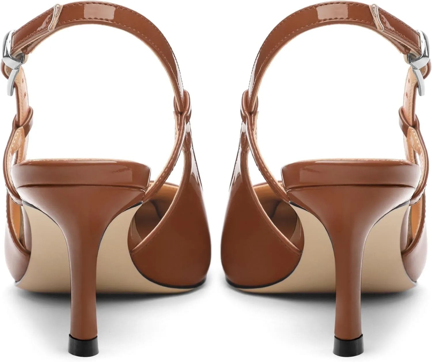 Women's Patent Leather Ankle Strap Slingback Pointed Toe Mid Heel Pumps Business Office Work Dress Shoes 2.55 Inch