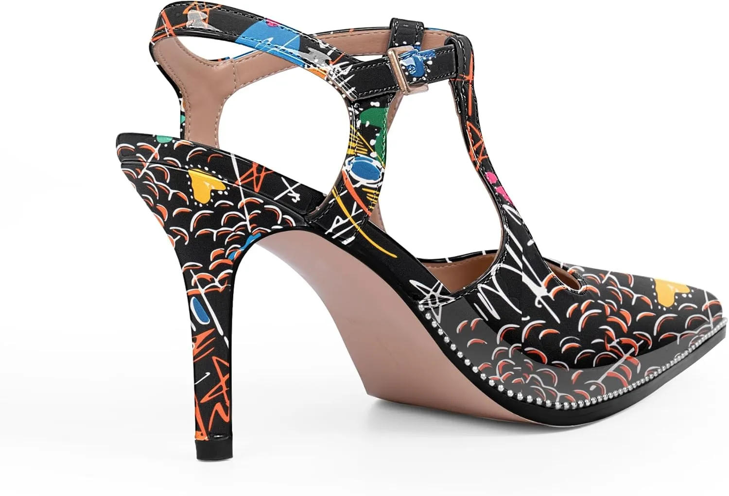 Women's Patent Leather T-Strap Stilettos High Heels Closed Pointed Toe Buckle Strap Dress Shoes Sexy Pumps