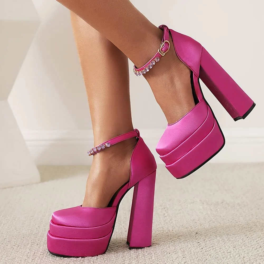 Womens Platform Chunky High Block Heels Ankle Strap Buckles Wedge Dress Pumps
