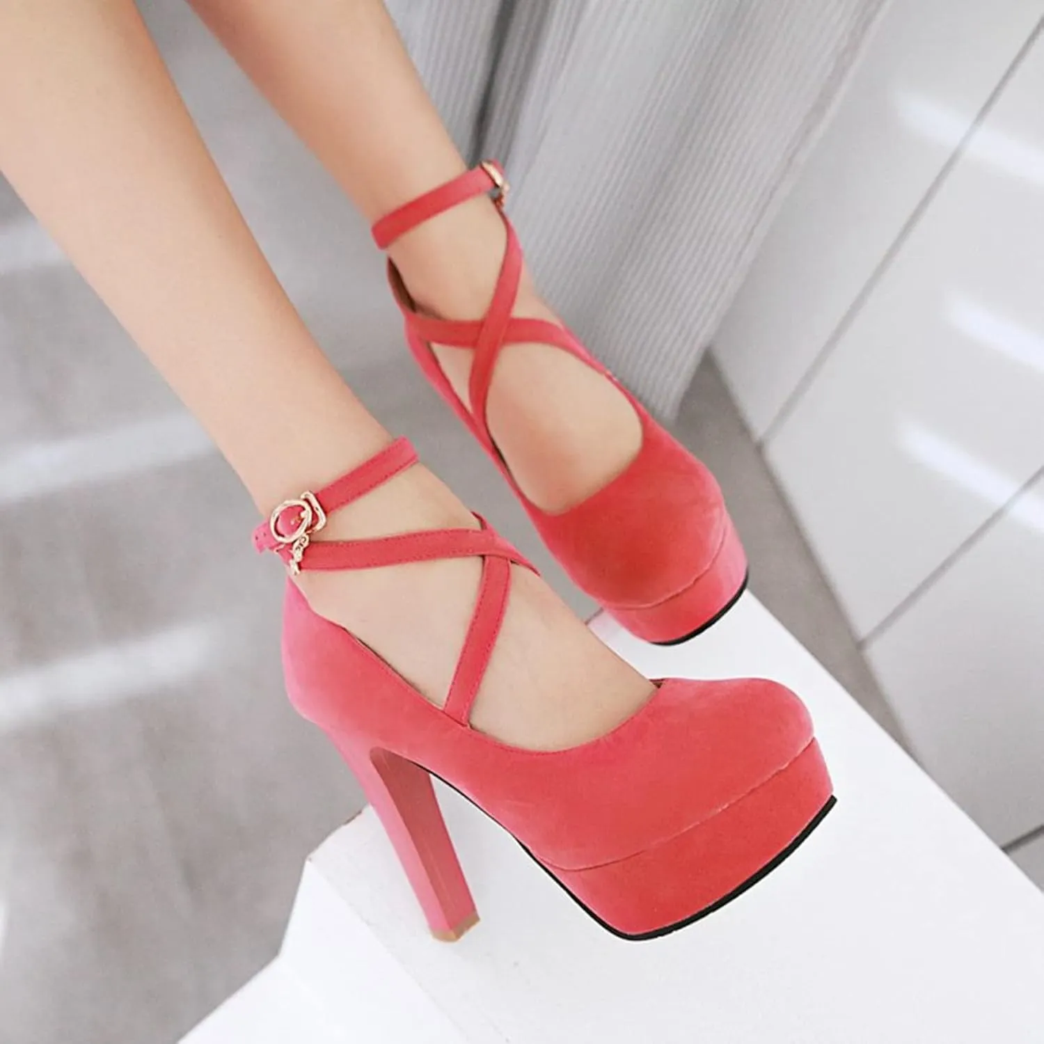 Women's Platform High Heels Closed Toe Pumps Strappy Cross Ankle Strap Suede Wedding Prom Party Shoes