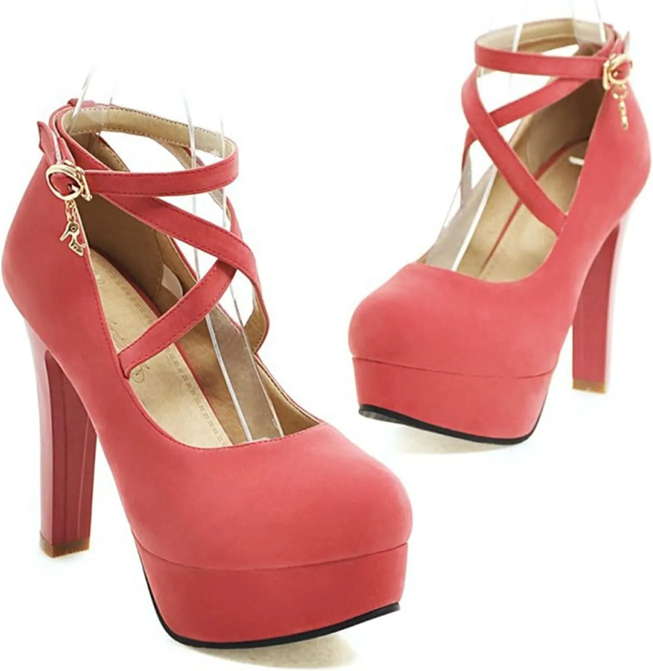 Women's Platform High Heels Closed Toe Pumps Strappy Cross Ankle Strap Suede Wedding Prom Party Shoes