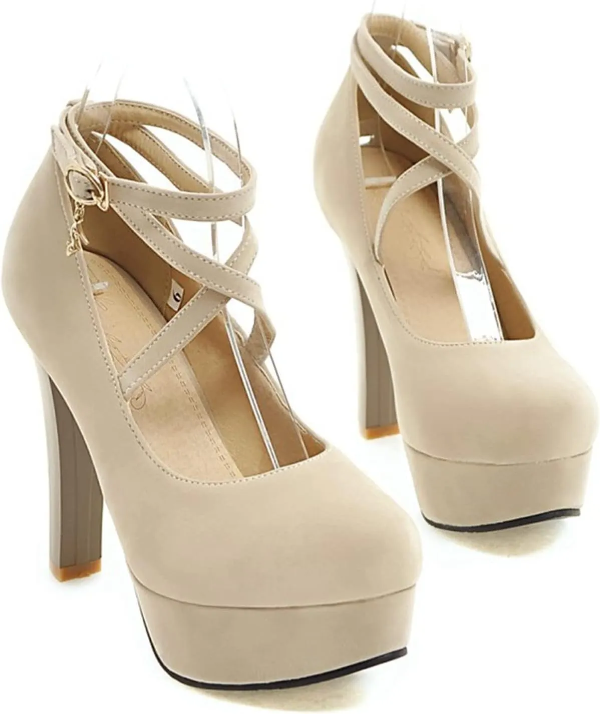 Women's Platform High Heels Closed Toe Pumps Strappy Cross Ankle Strap Suede Wedding Prom Party Shoes