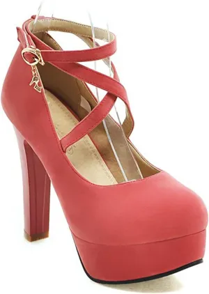 Women's Platform High Heels Closed Toe Pumps Strappy Cross Ankle Strap Suede Wedding Prom Party Shoes