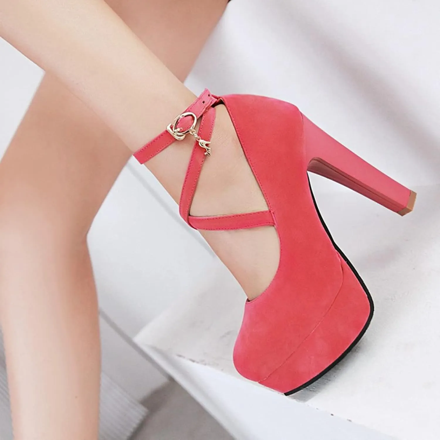Women's Platform High Heels Closed Toe Pumps Strappy Cross Ankle Strap Suede Wedding Prom Party Shoes