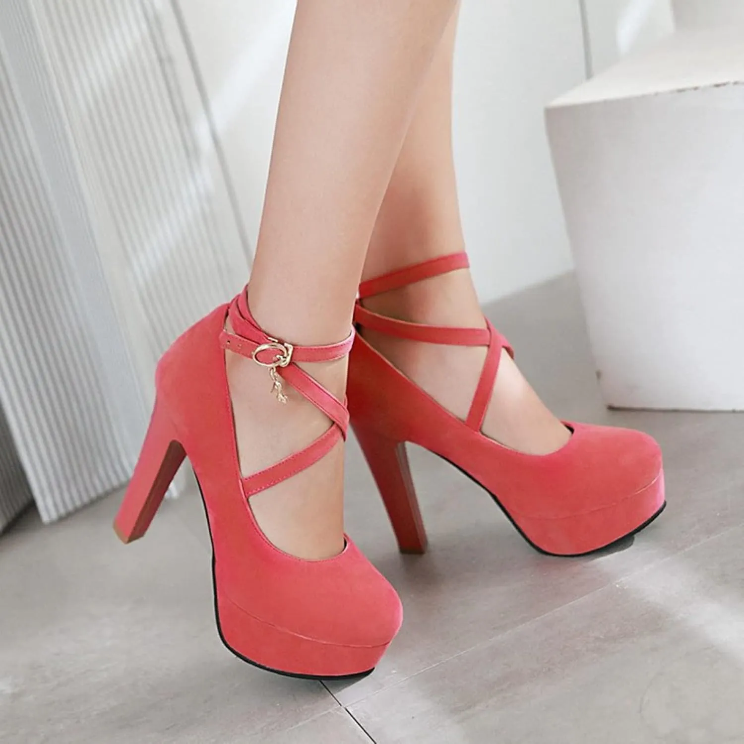 Women's Platform High Heels Closed Toe Pumps Strappy Cross Ankle Strap Suede Wedding Prom Party Shoes