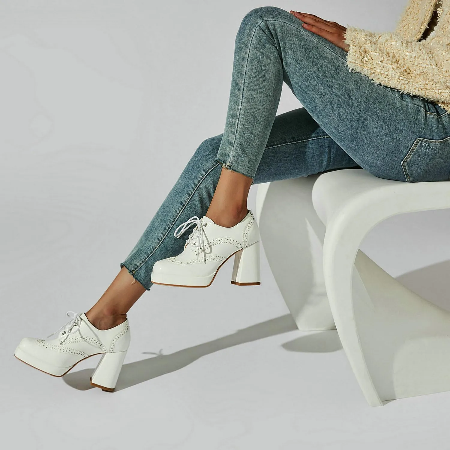 Women's Platform Oxford Shoes Patent Leather Square Toe Chunky Block High Heel Ankle Booties