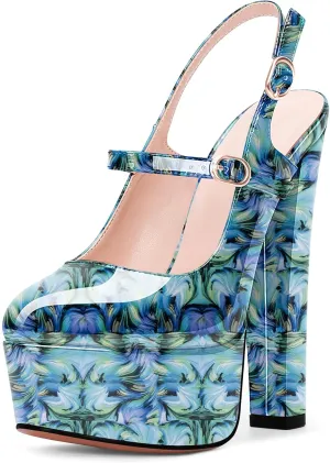 Women's Platform Sexy Chunky High Heel Slingbacks Pumps Round Toe Ankle Strap Party Dress Shoes