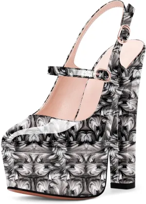 Women's Platform Sexy Chunky High Heel Slingbacks Pumps Round Toe Ankle Strap Party Dress Shoes