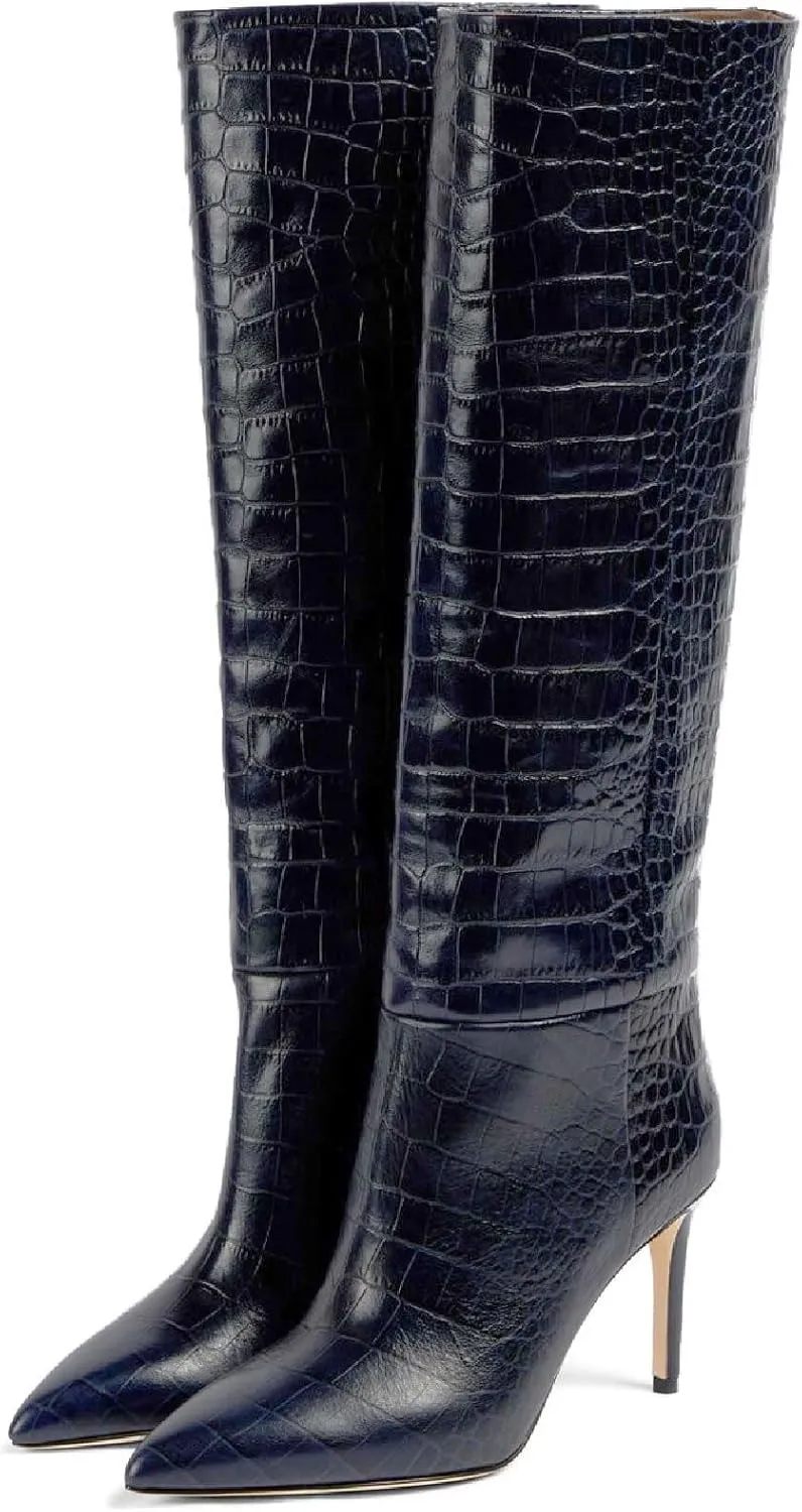 Women's Pointed Toe High Stiletto Heel Knee High Boots 3.94Inch/10cm Fashion Crocodile Calf Width Pull On High Heel Tall Boots Fall Winter Dressy Long Boots for Women