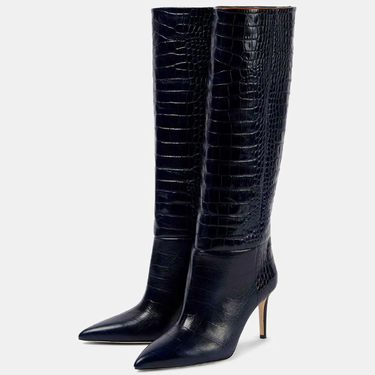 Women's Pointed Toe High Stiletto Heel Knee High Boots 3.94Inch/10cm Fashion Crocodile Calf Width Pull On High Heel Tall Boots Fall Winter Dressy Long Boots for Women