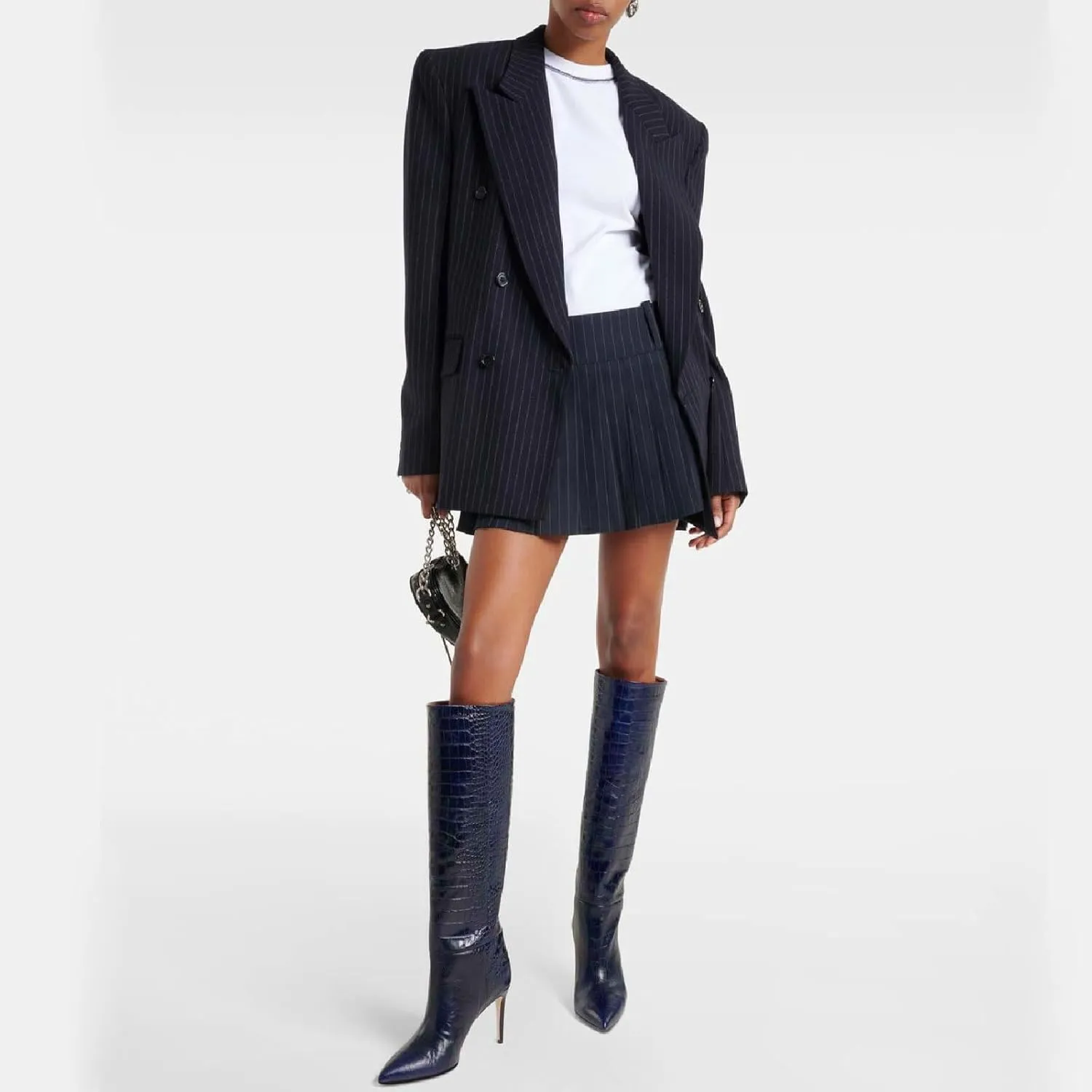 Women's Pointed Toe High Stiletto Heel Knee High Boots 3.94Inch/10cm Fashion Crocodile Calf Width Pull On High Heel Tall Boots Fall Winter Dressy Long Boots for Women