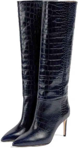 Women's Pointed Toe High Stiletto Heel Knee High Boots 3.94Inch/10cm Fashion Crocodile Calf Width Pull On High Heel Tall Boots Fall Winter Dressy Long Boots for Women