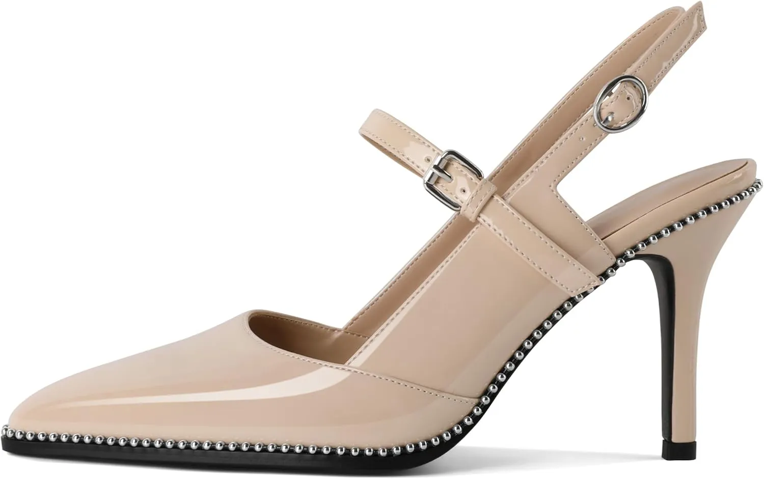 Women's Pointed Toe Mary Jane Pumps High Heels with Slingback Ankle Strap Beaded Heels 3.5 Inch Pumps Shoes