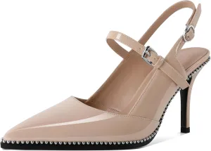 Women's Pointed Toe Mary Jane Pumps High Heels with Slingback Ankle Strap Beaded Heels 3.5 Inch Pumps Shoes