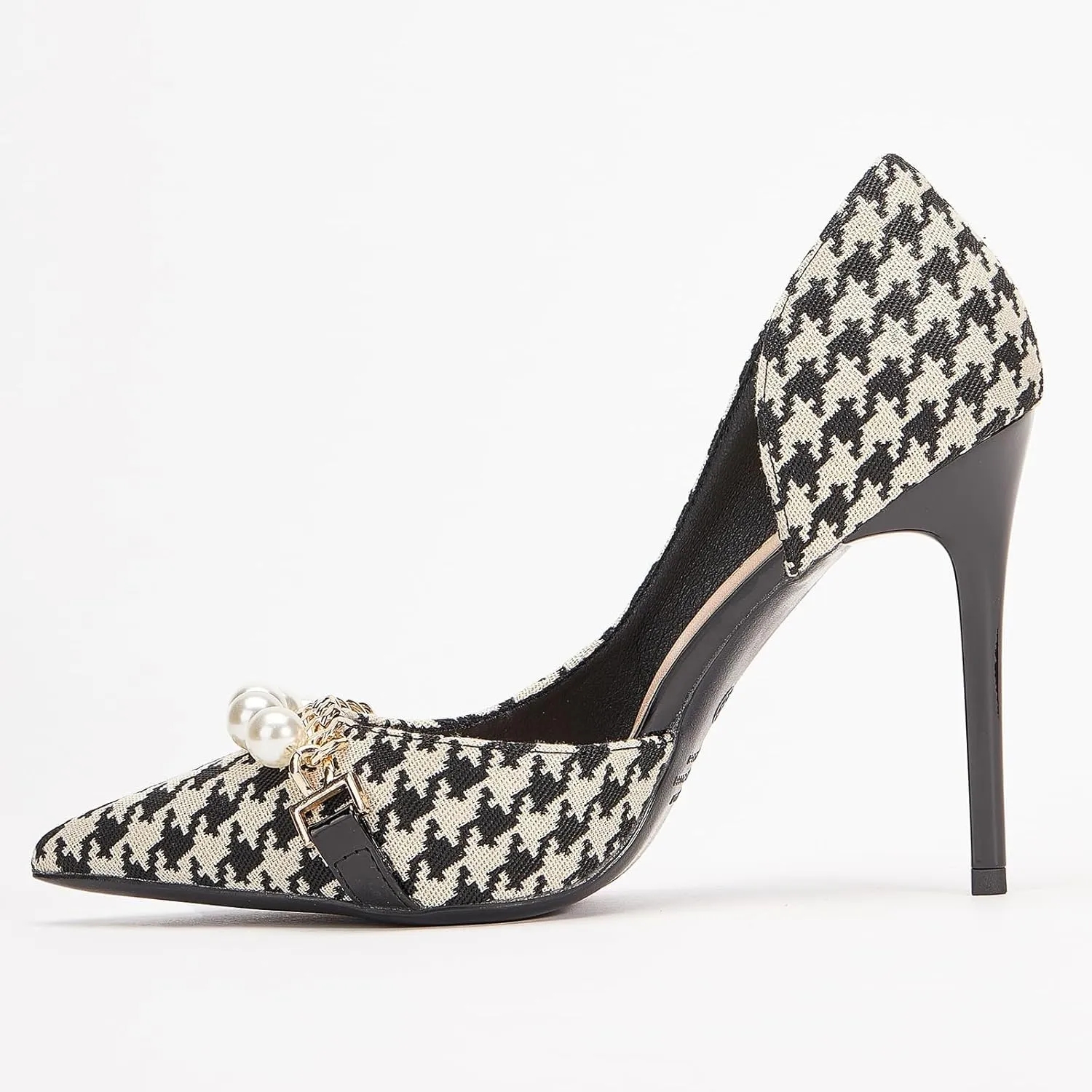 Womens Pumps Shoes High Heels Stiletto Pointed Closed Toe D'Orsay Elegant Houndstooth Pattern Design with Pearls Chain Dress Party Wedding Classic Work Heels for Ladies
