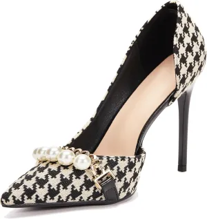 Womens Pumps Shoes High Heels Stiletto Pointed Closed Toe D'Orsay Elegant Houndstooth Pattern Design with Pearls Chain Dress Party Wedding Classic Work Heels for Ladies