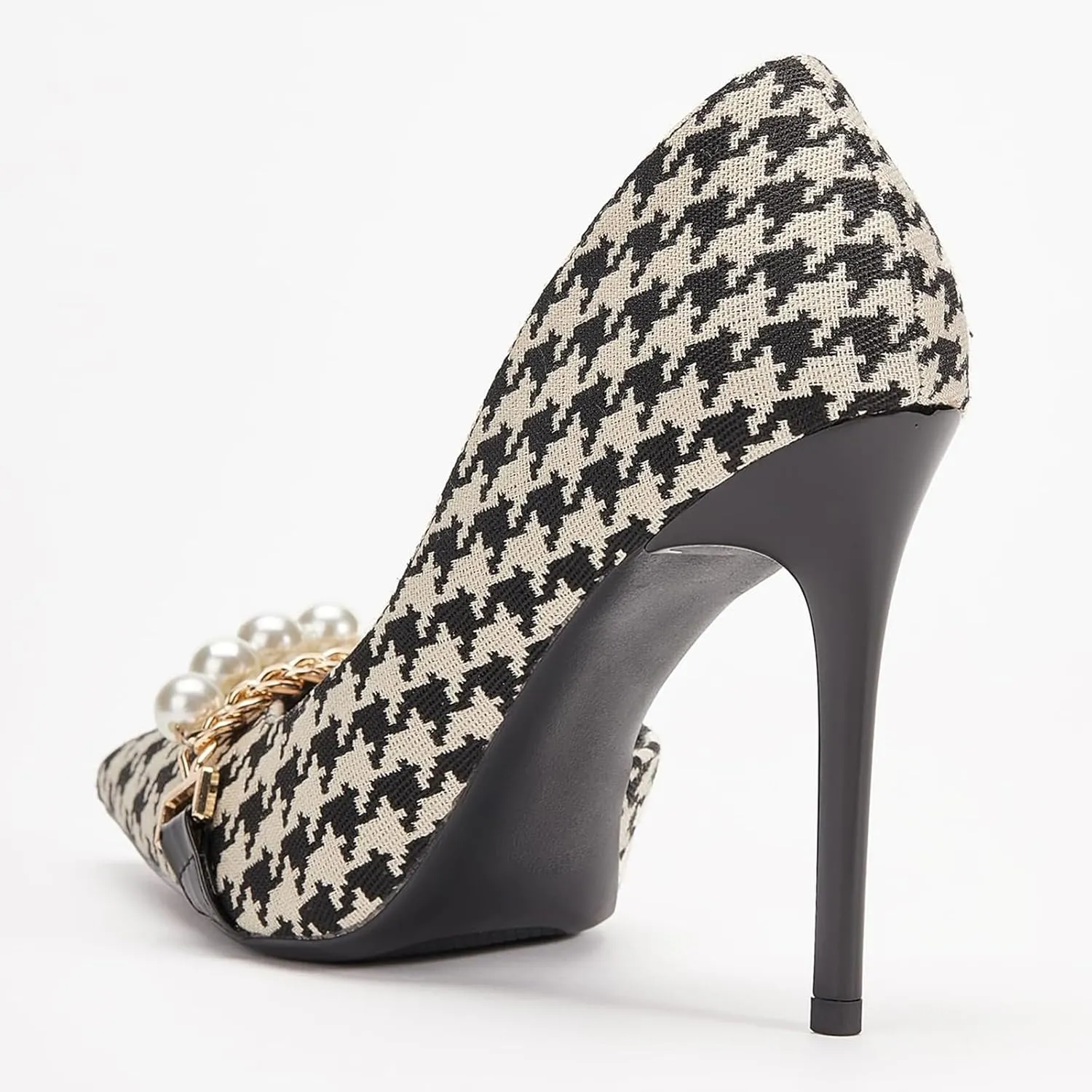 Womens Pumps Shoes High Heels Stiletto Pointed Closed Toe D'Orsay Elegant Houndstooth Pattern Design with Pearls Chain Dress Party Wedding Classic Work Heels for Ladies