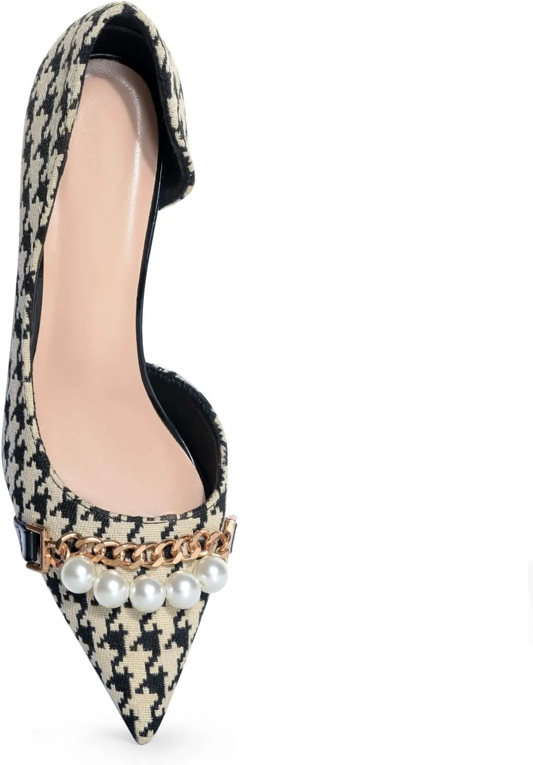 Womens Pumps Shoes High Heels Stiletto Pointed Closed Toe D'Orsay Elegant Houndstooth Pattern Design with Pearls Chain Dress Party Wedding Classic Work Heels for Ladies
