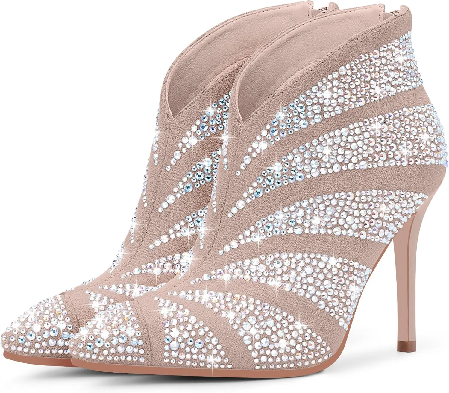 Women's Rhinestone Pointed Toe Stiletto High Heel Ankle Boots Suede Dress Booties