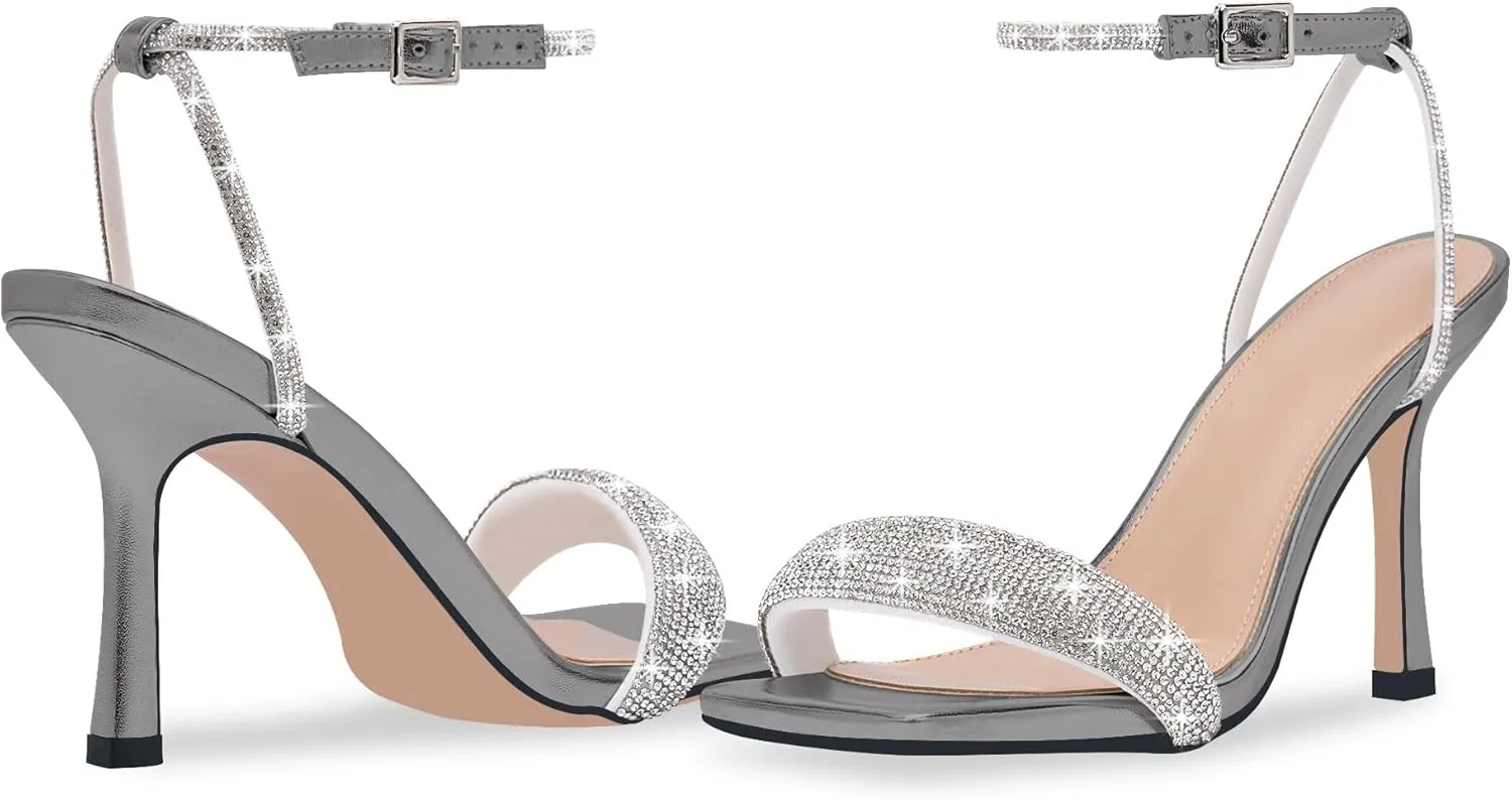 Women's Rhinestone Stiletto High Heel Square Open Toe Strappy Heels Sandals Ankle Strap Sexy Party Wedding Shoes